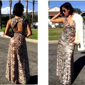 IPONA Animal Print Long Dress A- line Cutout Back V-Neck Sleeveless Stretchy C…